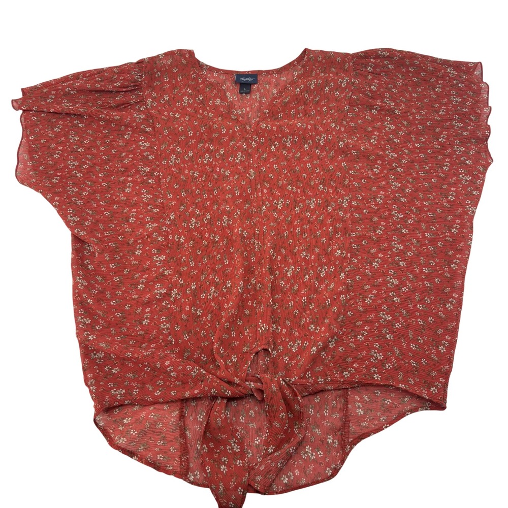 Daytrip Womens Large Rust Floral Pleated Tie Front Blouse Boho V-Neck Top